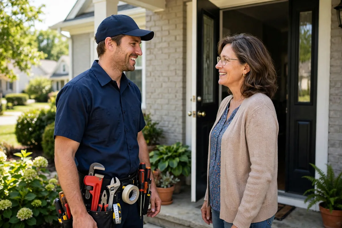 Friendly plumbing technician speaking with a homeowner at the front door of their Southaven, MS home