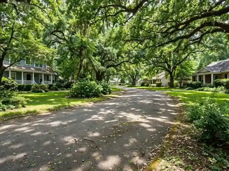 Tree-lined street with mature oaks in Bridgemoore, Southaven MS
