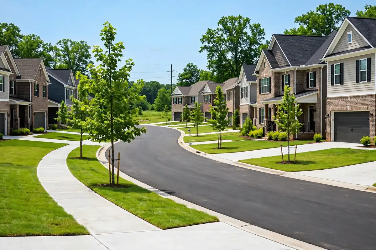 New subdivision with sidewalks and young trees in Carriage Hills, Southaven MS