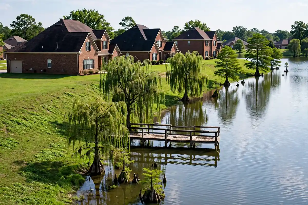 Homes beside a calm pond with a dock in Deerchase, Southaven MS