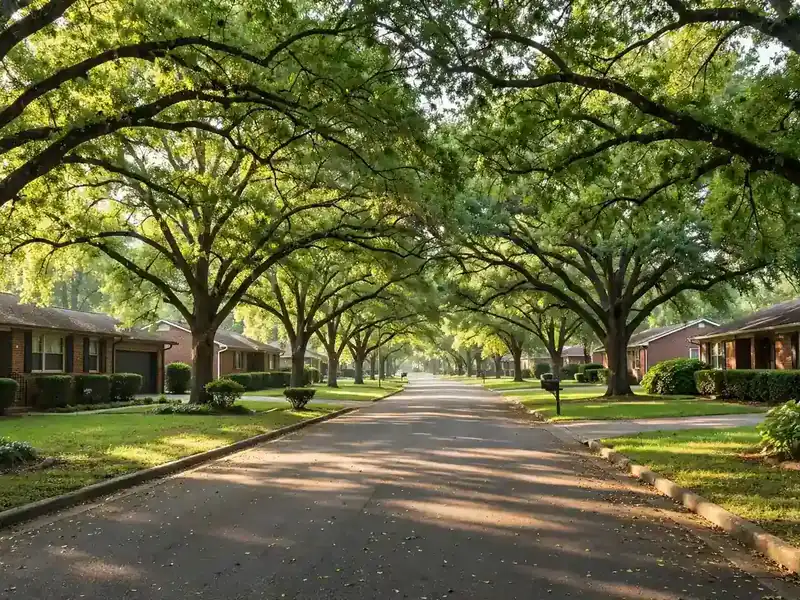 Shaded established street with hardwood trees in Greenbrook, Southaven MS