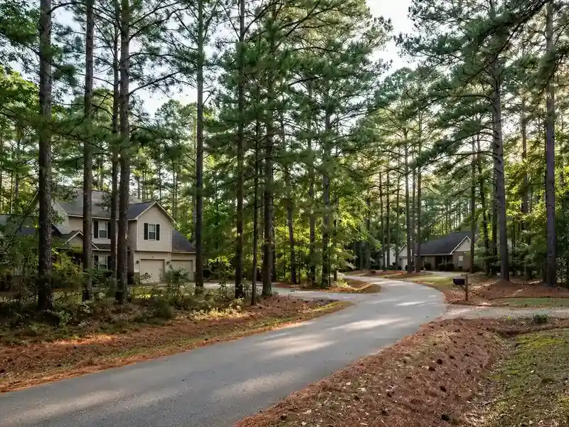 Homes tucked among tall pine trees in Hidden View, Southaven MS