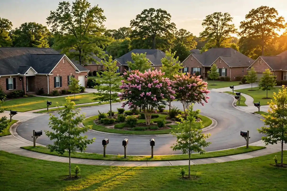 Quiet cul-de-sac with blooming crepe myrtles in Huntleigh, Southaven MS