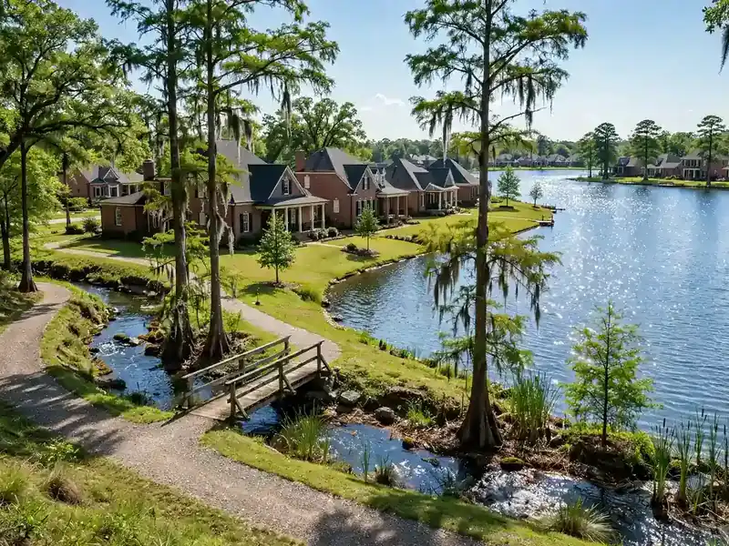 Lakeside homes around a sparkling lake in Lakes of Nicholas, Southaven MS
