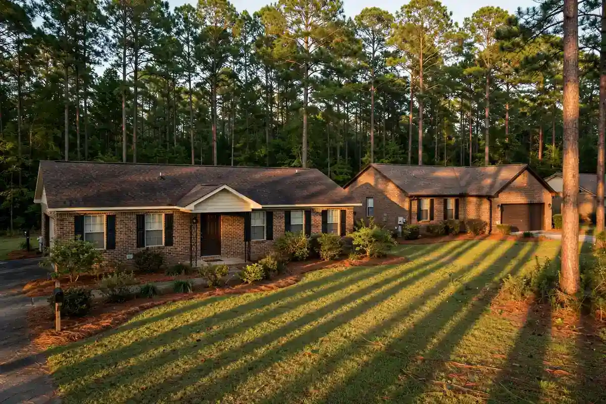 Homes at the edge of a dense pine forest in Pinewood, Southaven MS