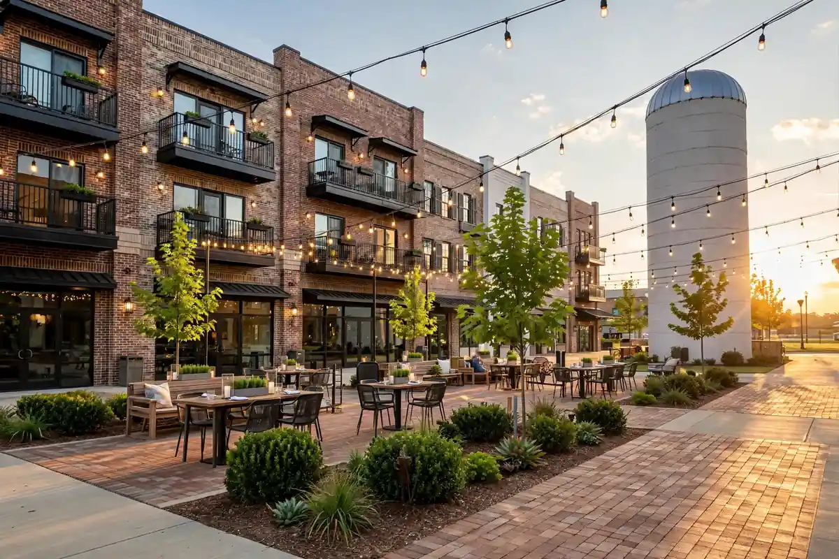 Mixed-use town square with brick storefronts in Silo Square, Southaven MS