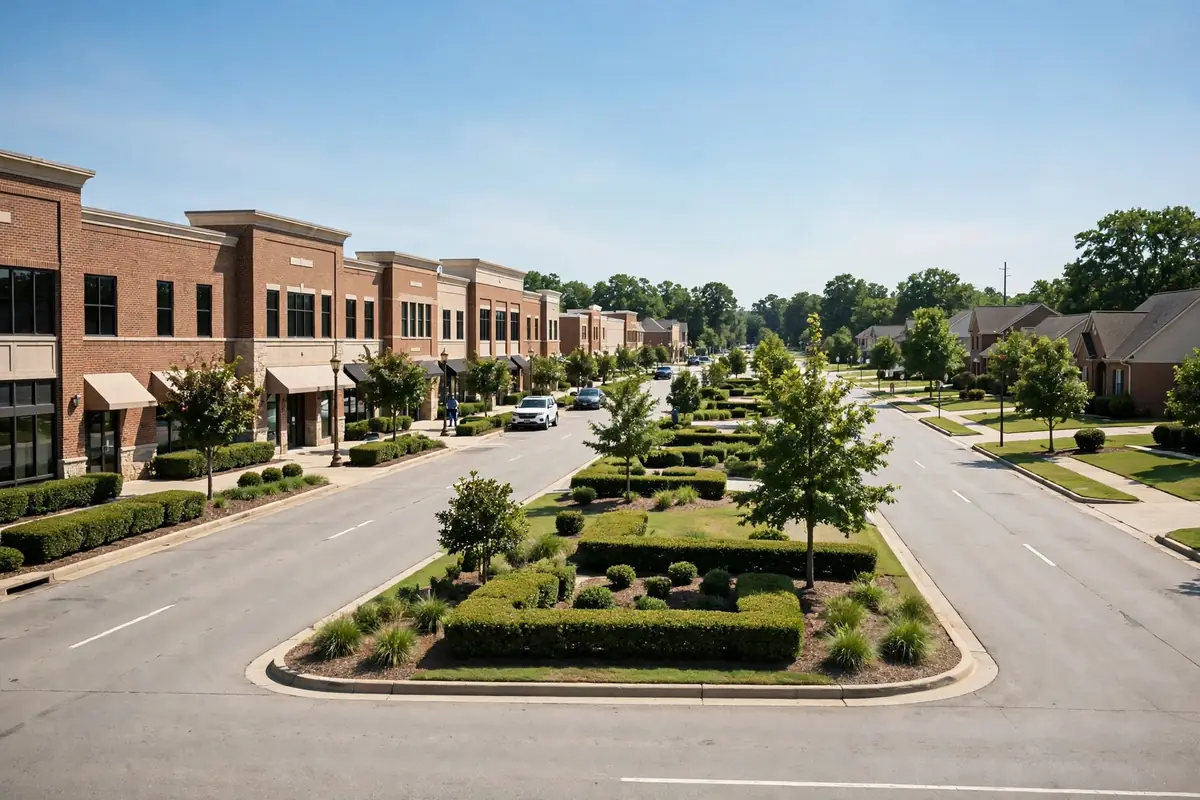 Commercial district edge with landscaped corridor in Snowden District, Southaven MS