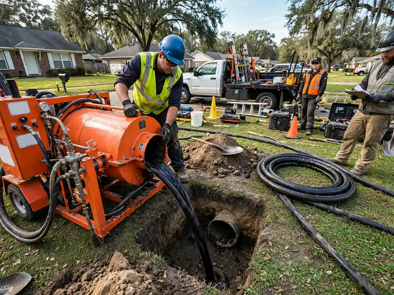 CIPP pipe lining crew feeding a resin-saturated liner through an inversion drum machine at a Southaven MS home