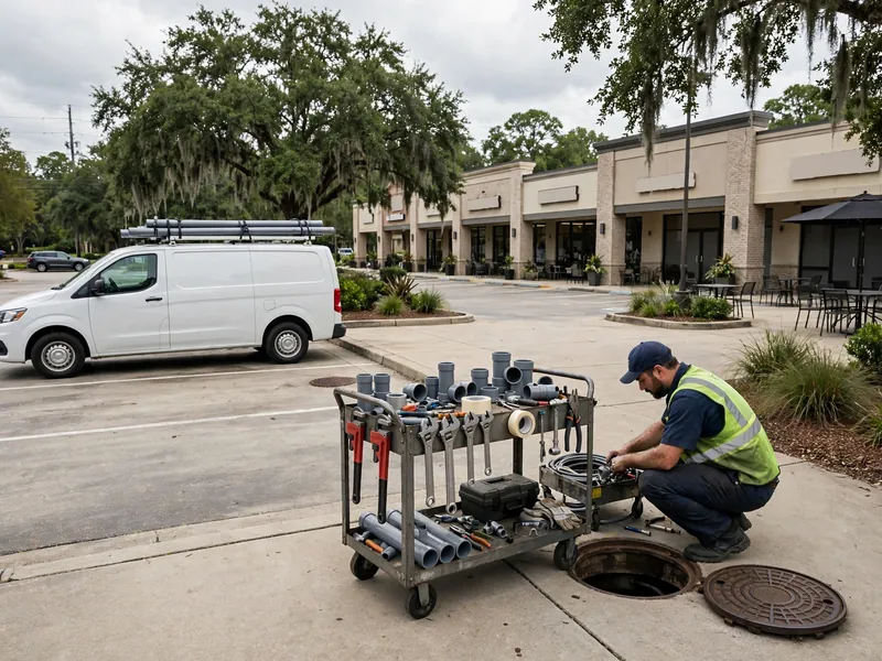 Plumbing service technician with a tool cart near a commercial building entrance in a Southaven MS business area