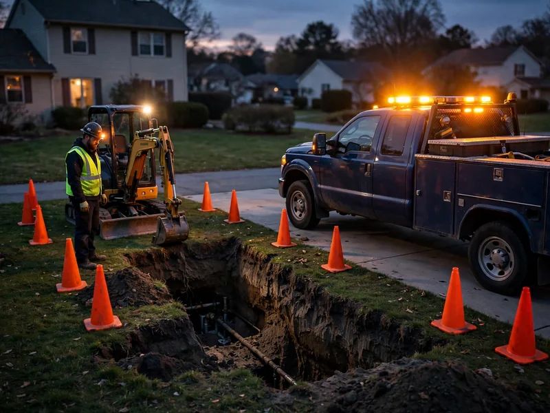 Emergency sewer repair crew working at dusk with a work truck, cones and open trench in a suburban Southaven driveway
