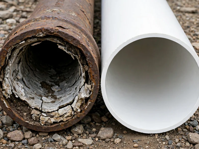 Side-by-side comparison of a corroded old cast-iron sewer pipe and a new smooth PVC sewer pipe