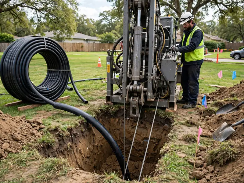 Pipe bursting equipment with hydraulic pulling machine and new HDPE pipe coil at an entry pit in a Southaven yard