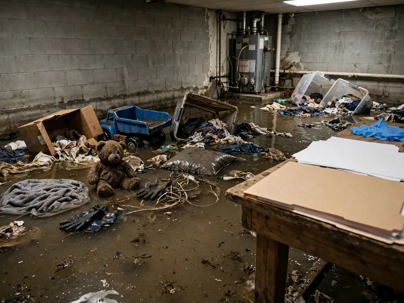 Flooded residential basement with standing water beside insurance claim paperwork on a dry table