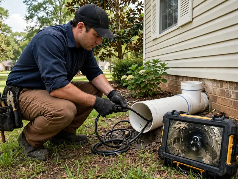 Plumber feeding a sewer camera cable into a cleanout while watching the live pipe feed on a field monitor in Southaven MS