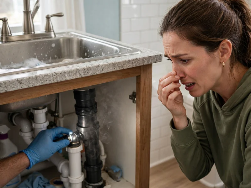 Homeowner reacting to a foul drain odor near a kitchen sink with a plumber checking the vent stack