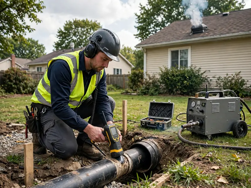 Leak detection technician using acoustic listening equipment with a smoke test machine near a Southaven home