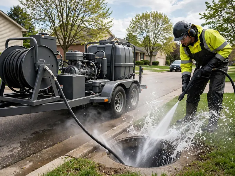 Hydro jetting machine blasting high-pressure water into a sewer cleanout with a technician in protective gear