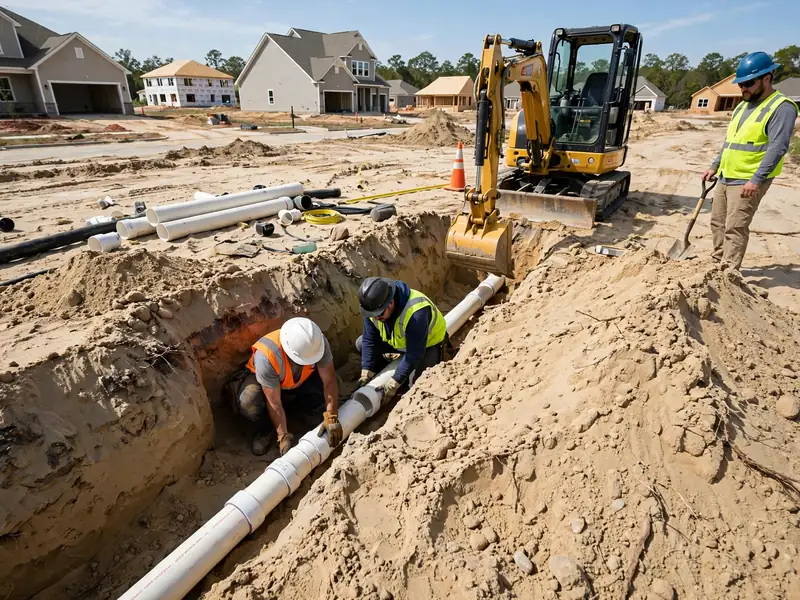 Workers laying new PVC sewer pipe in an open trench with an excavator at a Southaven MS construction site