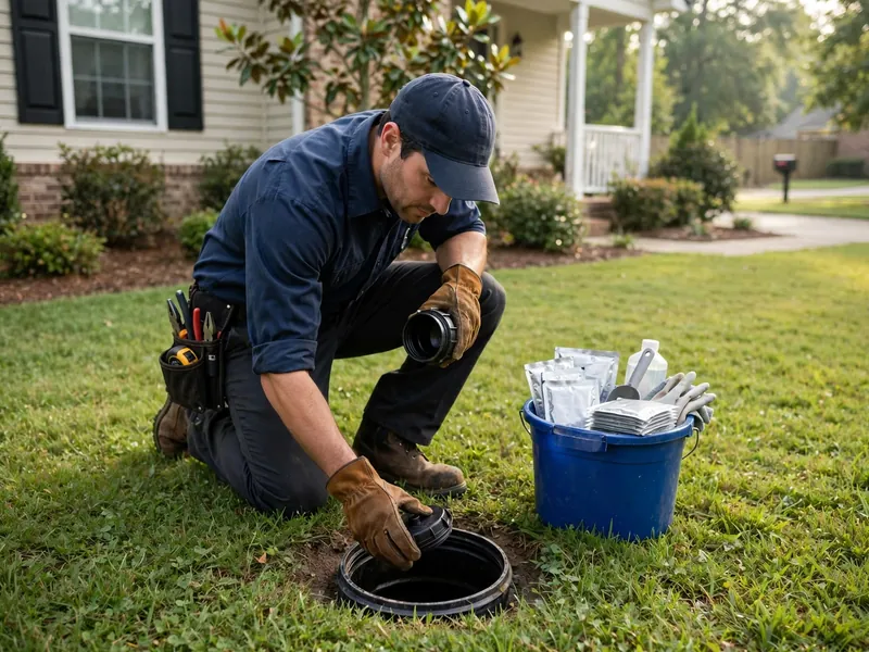 Plumber checking a yard cleanout during a preventive sewer maintenance visit at a Southaven home