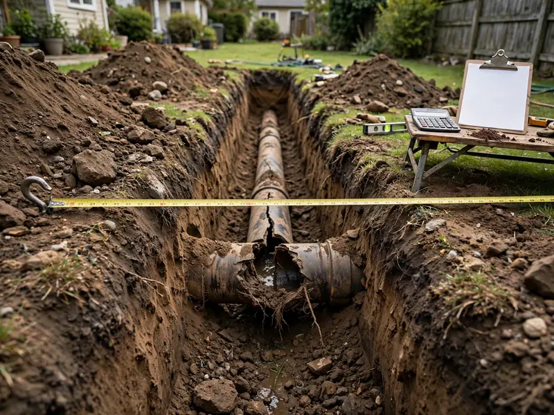 Excavated sewer trench with damaged pipe, measuring tape and work estimate tools nearby