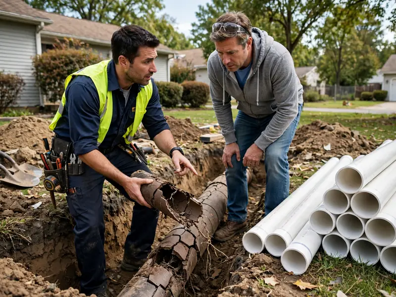 Plumber showing a homeowner a cracked clay pipe section next to new PVC pipe in a Southaven yard