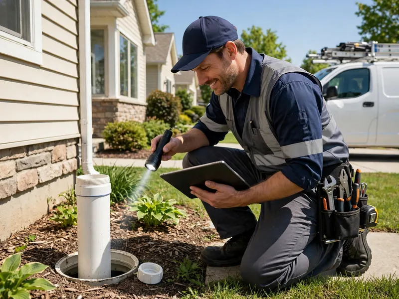Plumbing technician performing a scheduled maintenance check at a Southaven MS home with a service van in the driveway