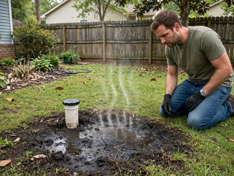 Homeowner noticing a foul-smelling soggy patch in a suburban Southaven backyard near a sewer cleanout