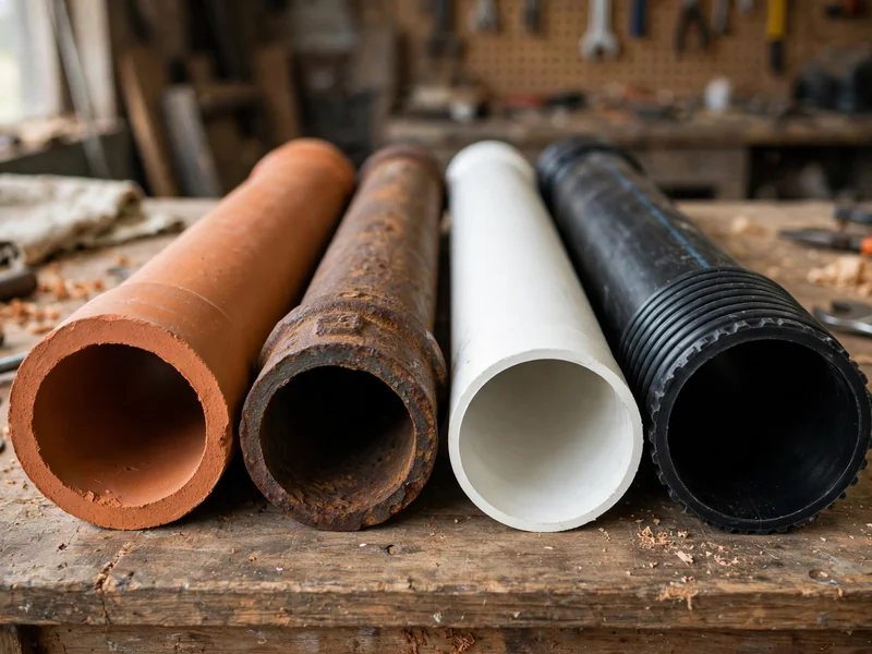 Four sewer pipe materials side by side: clay tile, cast iron, PVC and HDPE with visible cross-sections