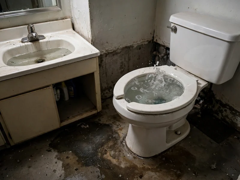 Warning signs of sewer trouble in a home: gurgling toilet, slow drain and a damp basement floor stain