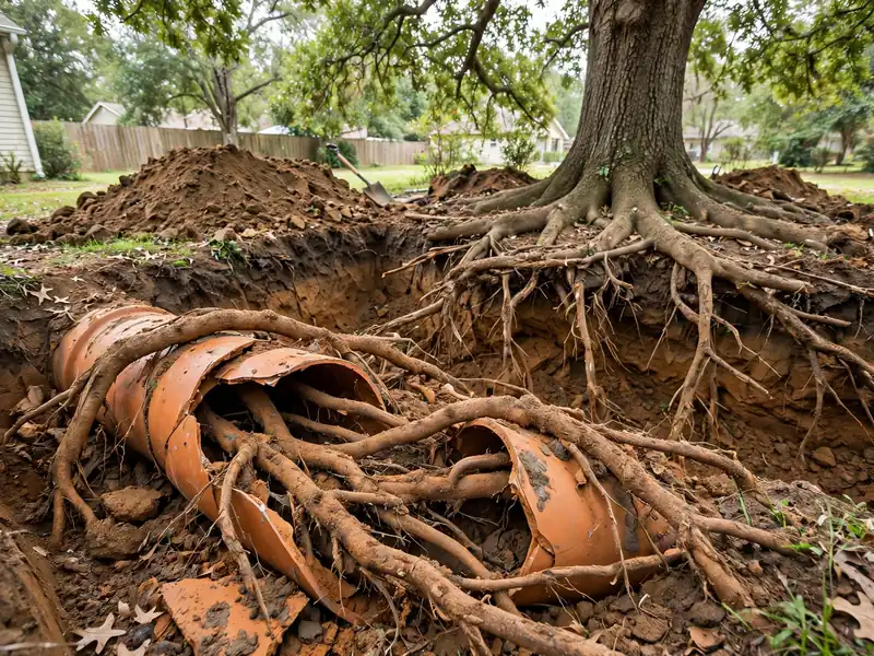 Thick tree roots tangled inside a broken clay sewer pipe beside an oak tree in a Southaven MS yard