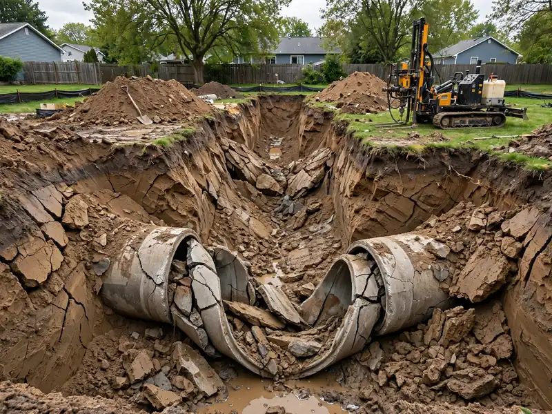 Severely collapsed sewer pipe in an open trench where trenchless repair was not possible and excavation was required