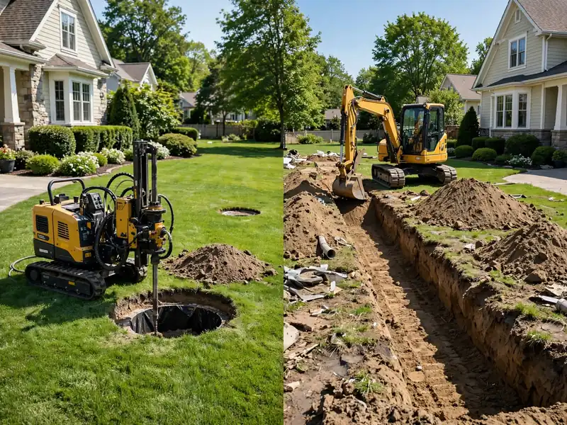 Side-by-side comparison of a tidy trenchless access pit and a long open traditional dig trench in a suburban yard