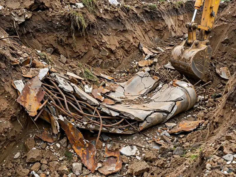 Crushed and flattened sewer pipe inside a caved-in trench being exposed by an excavator