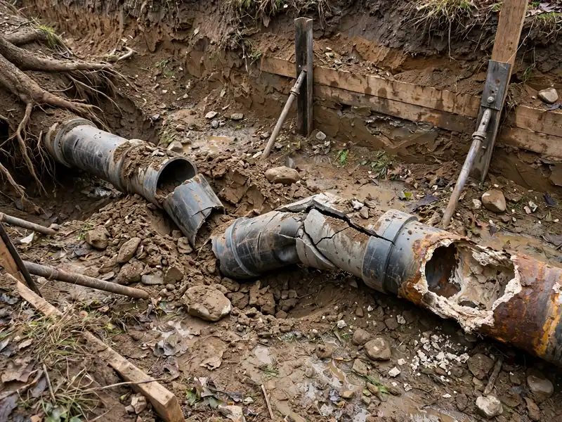 Excavated sewer trench showing tree root intrusion, shifted coupling, cracked pipe and corroded scale buildup