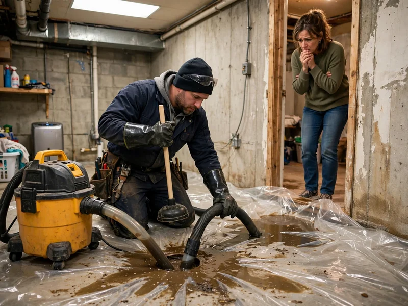 Plumber with protective gear and a wet vacuum clearing a sewer backup at a floor drain inside a Southaven home