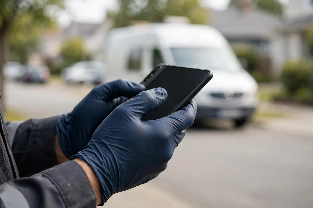 Technician holding a phone with a Southaven sewer line repair service van blurred behind