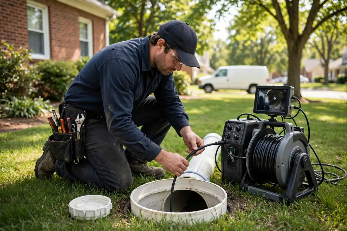 Professional plumber performing sewer camera inspection at a residential sewer cleanout in a Southaven, Mississippi front yard