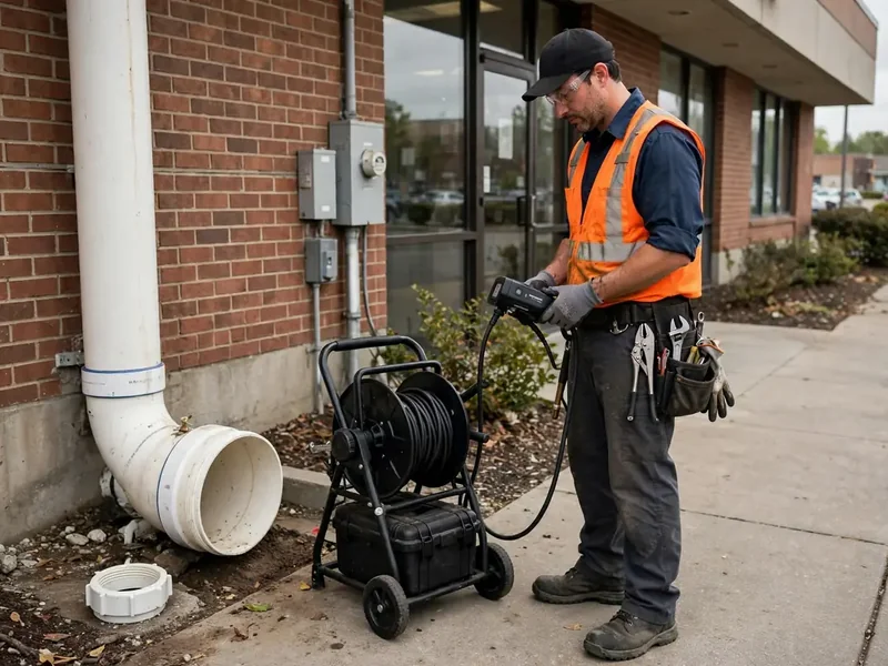 Plumbing technician with sewer inspection equipment beside a commercial building cleanout in Southaven, MS