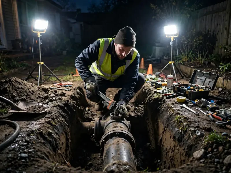 Technician performing emergency sewer line repair at night in a Southaven, MS residential yard under work lights
