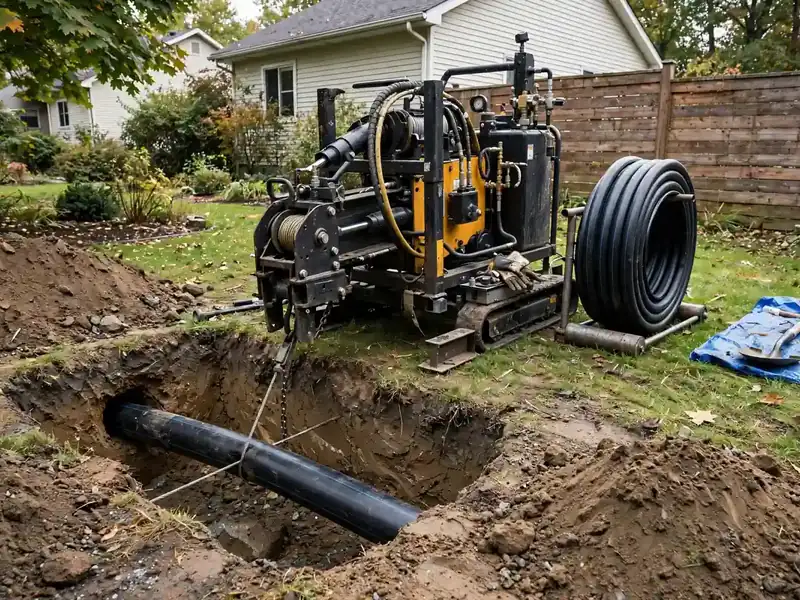 Pipe bursting machinery pulling new pipe through the ground in a Southaven, MS yard