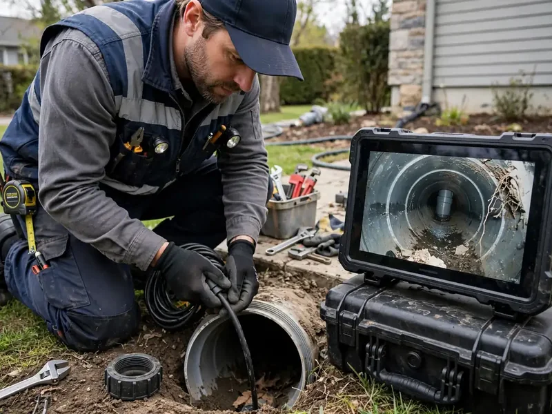 Technician feeding a sewer camera cable into a cleanout with pipe-interior monitor in Southaven, MS