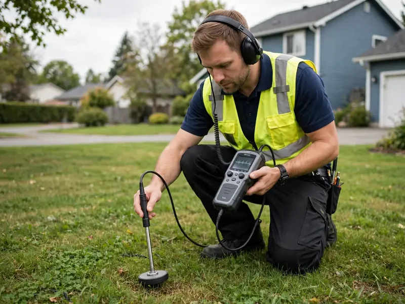 Technician using acoustic listening equipment to locate an underground sewer leak in Southaven, MS
