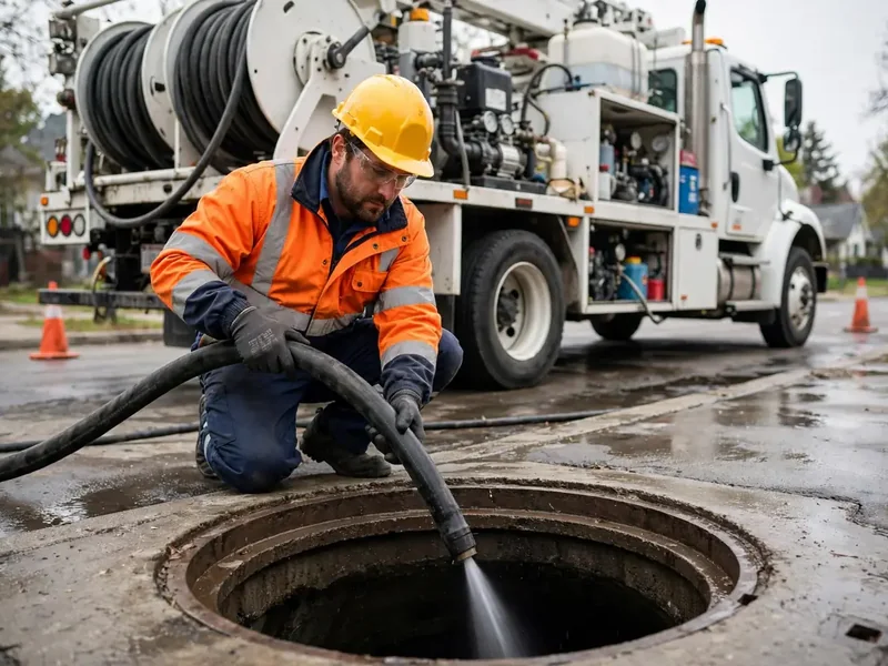 Hydro-jetting: technician cleaning a sewer line with a high-pressure water hose in Southaven, MS