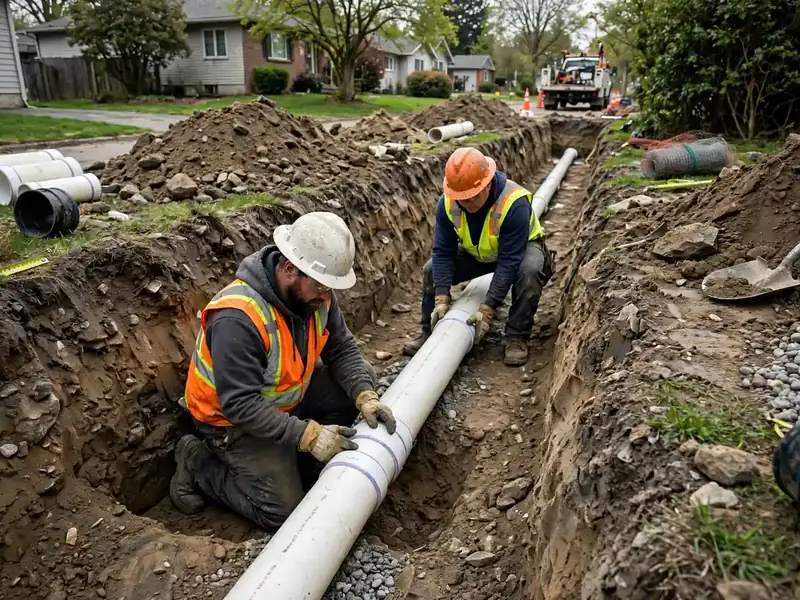 New PVC sewer pipe being laid in an excavated trench in Southaven, MS