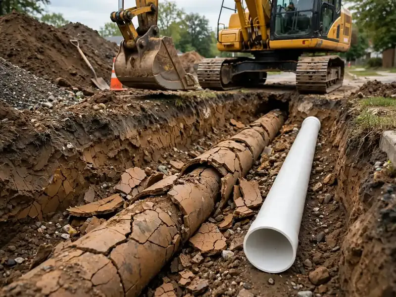 Excavator replacing an old clay sewer pipe with new PVC in Southaven, MS