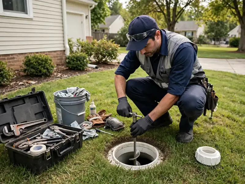 Technician performing routine sewer cleanout maintenance at a Southaven, MS suburban home