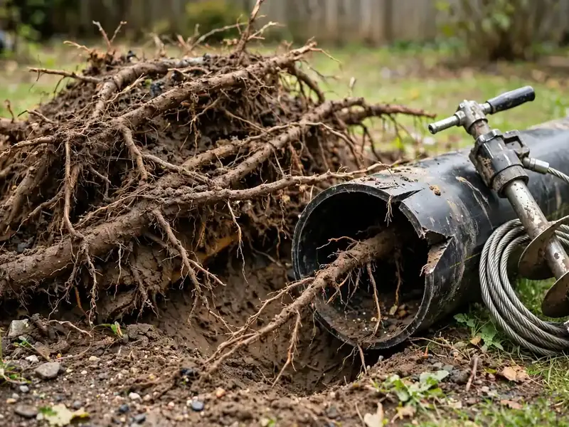 Tree roots pulled from a sewer pipe with root-cutting equipment in Southaven, MS