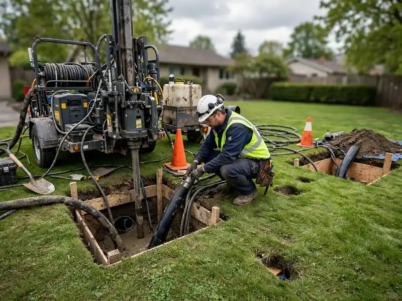 Trenchless sewer repair rig working through small access pits in a Southaven, MS lawn
